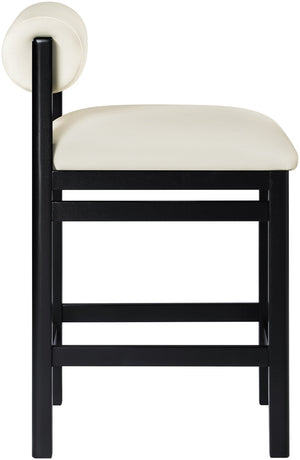 Meridian Furniture Roundhill Art Deco Vegan Leather Counterstool with Matte Black Solid Wood Base 11089Cream-C