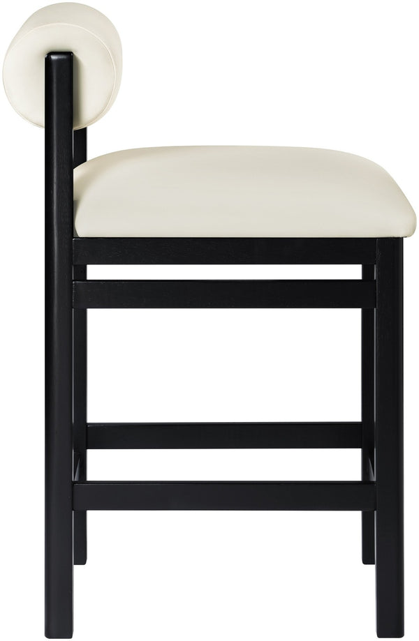 Meridian Furniture Roundhill Art Deco Vegan Leather Counterstool with Matte Black Solid Wood Base 11089Cream-C