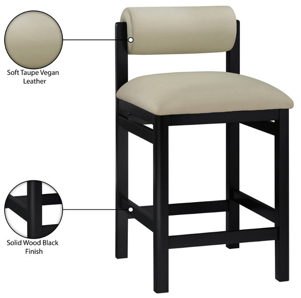 Meridian Furniture Roundhill Art Deco Vegan Leather Counter Stool with Black Lacquer Wood Frame 11089Taupe-C