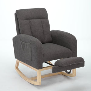 English Elm Modern Rocking Chair With Solid Wood Legs, Adjustable Footrest, And Side Pocket For Cozy Lounging W2725P199503