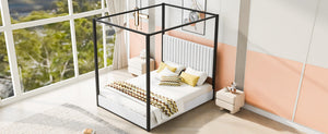 English Elm Queen Velvet Upholstered Canopy Bed White Metal 4 Poster Frame No Box Spring GX001031AAB