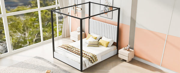 English Elm Queen Velvet Upholstered Canopy Bed White Metal 4 Poster Frame No Box Spring GX001031AAB