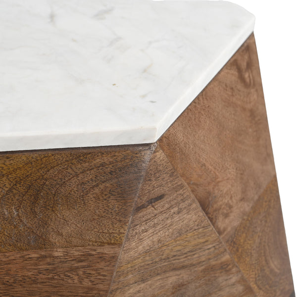 Bisel Side Table Marble Top Mango Wood Glam Modern Accent for Living Room