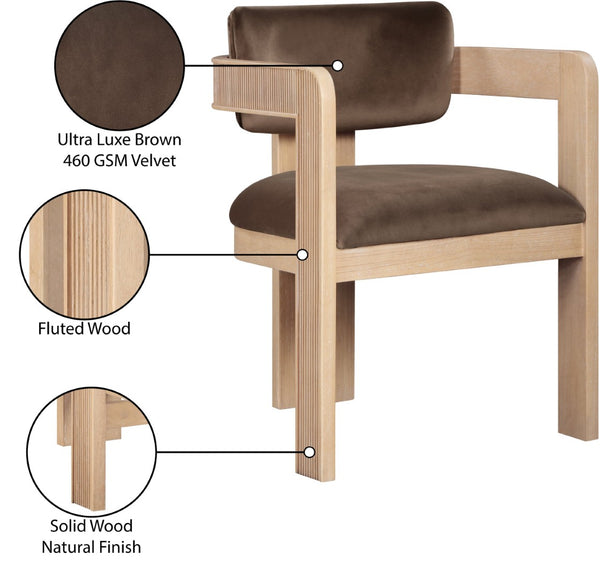 Meridian Furniture Sacha Fluted Wood Frame Velvet Dining Chair with Warm Natural Finish for Modern Homes 11094Brown-C