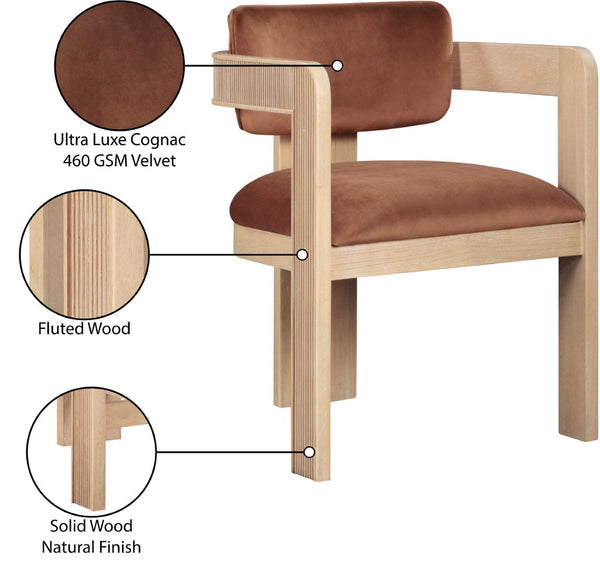 Meridian Furniture Sacha Cognac Velvet Dining Chair with Fluted Wood Frame for Modern Farmhouse Tables 11094Cognac-C