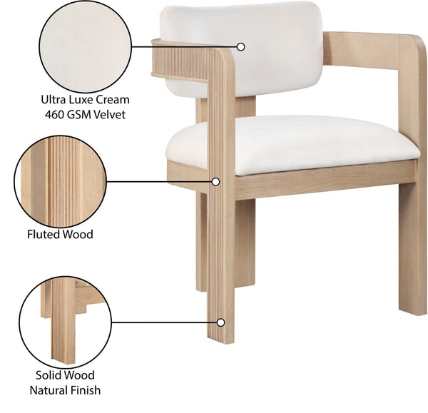Meridian Furniture Sacha Fluted Wood Cream Velvet Dining Chair with Artisan Solid Frame for Elegant Rooms 11094Cream-C