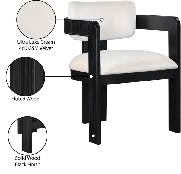 Meridian Furniture Sacha Cream Velvet Dining Chair with Fluted Wood Frame and Matte Black Contrast 11095Cream-C