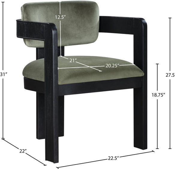 Meridian Furniture Sacha Plush Velvet Dining Chair with Fluted Black Wood Legs for Elegant Rooms 11095Green-C