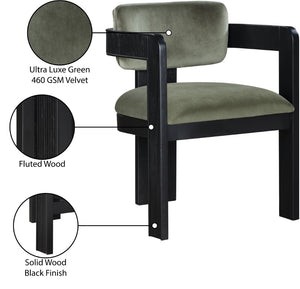 Meridian Furniture Sacha Plush Velvet Dining Chair with Fluted Black Wood Legs for Elegant Rooms 11095Green-C