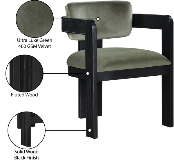 Meridian Furniture Sacha Plush Velvet Dining Chair with Fluted Black Wood Legs for Elegant Rooms 11095Green-C