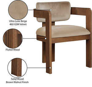 Meridian Furniture Sacha Plush Velvet Dining Chair with Fluted Walnut Frame for Elegant Interiors 11096Beige-C