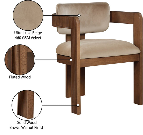 Meridian Furniture Sacha Plush Velvet Dining Chair with Fluted Walnut Frame for Elegant Interiors 11096Beige-C