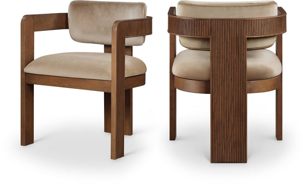 Meridian Furniture Sacha Plush Velvet Dining Chair with Fluted Walnut Frame for Elegant Interiors 11096Beige-C