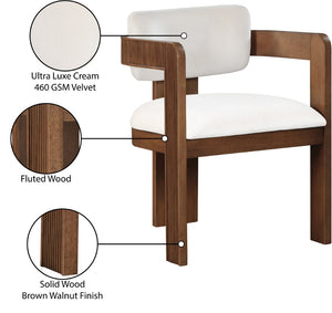 Meridian Furniture Sacha Cream Velvet Dining Chair with Fluted Walnut Frame for Elegant Interiors 11096Cream-C