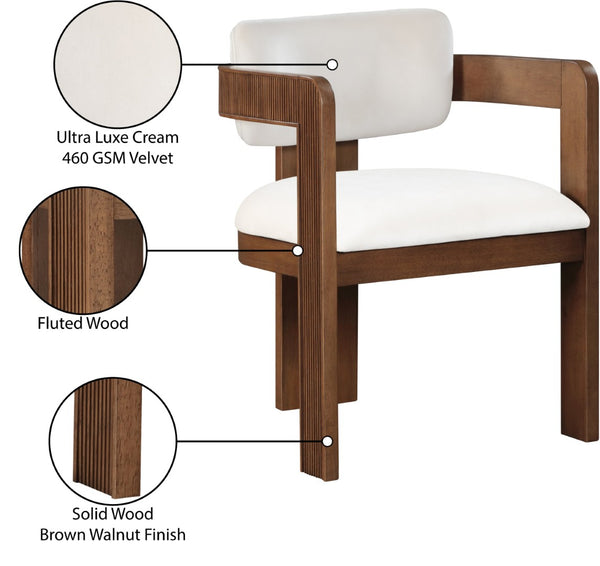 Meridian Furniture Sacha Cream Velvet Dining Chair with Fluted Walnut Frame for Elegant Interiors 11096Cream-C