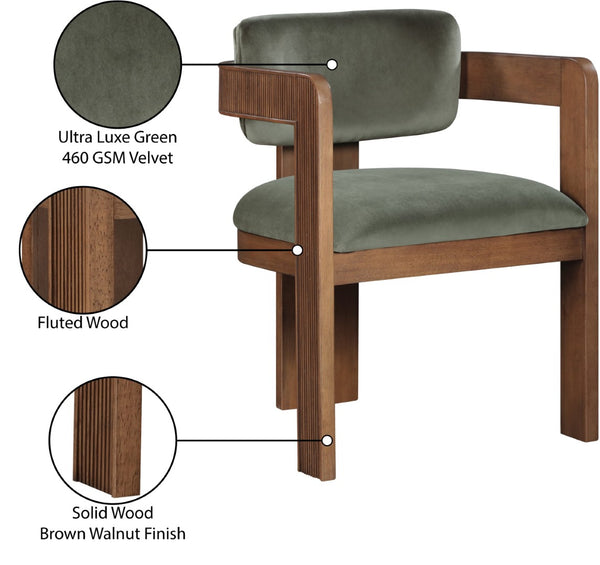 Meridian Furniture Sacha Emerald Velvet Dining Chair with Fluted Walnut Frame for Elegant Rooms 11096Green-C