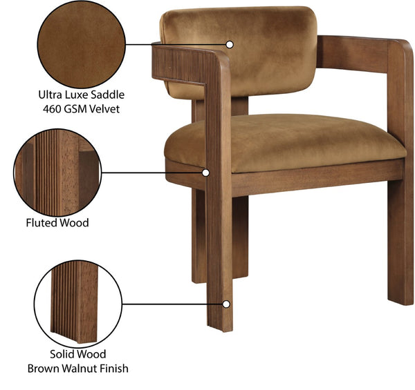 Meridian Furniture Sacha Fluted Walnut Frame Velvet Dining Chair with Sculptural Saddle Seat Design 11096Saddle-C