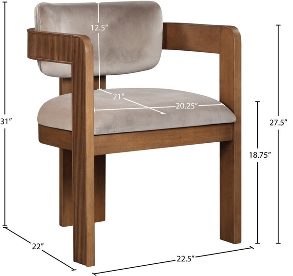 Meridian Furniture Sacha Velvet Upholstered Dining Chair with Fluted Walnut Frame for Elegant Rooms 11096Taupe-C