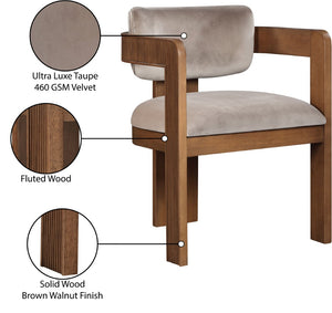 Meridian Furniture Sacha Velvet Upholstered Dining Chair with Fluted Walnut Frame for Elegant Rooms 11096Taupe-C