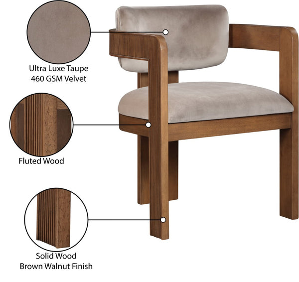 Meridian Furniture Sacha Velvet Upholstered Dining Chair with Fluted Walnut Frame for Elegant Rooms 11096Taupe-C