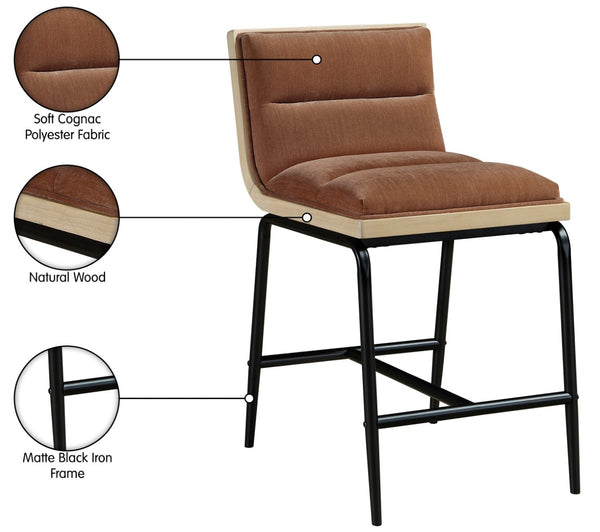 Meridian Furniture Viceroy Upholstered Counter Stool with Matte Black Iron Frame and Natural Wood Accents Cognac 11099Cognac-C