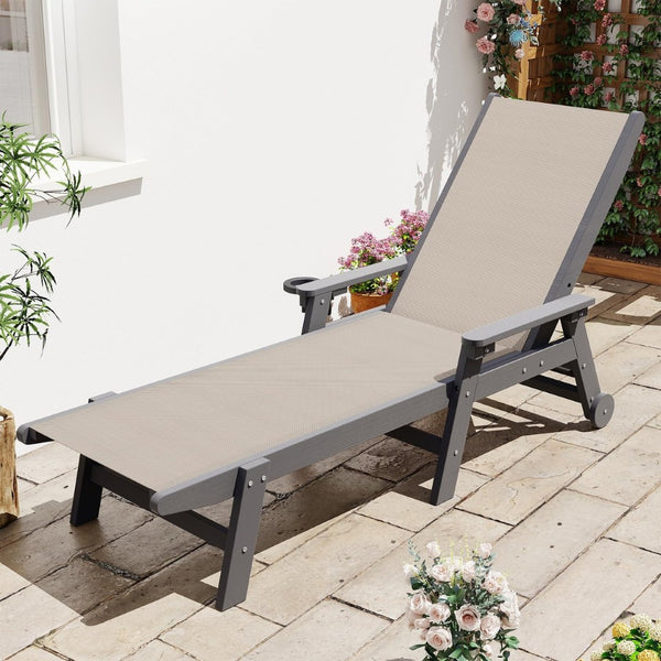 English Elm Lounge Outdoor Hdpe Reclining Chaise with Teslin Fabric Seat Wheels and Cup Holder Khaki W1859P494791