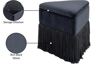Meridian Furniture Trivoli Velvet Triangular Storage Ottoman with Fringe Skirt Sculptural Accent Stool for Glam Rooms Black 110Black
