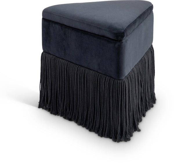 Meridian Furniture Trivoli Velvet Triangular Storage Ottoman with Fringe Skirt Sculptural Accent Stool for Glam Rooms Black 110Black
