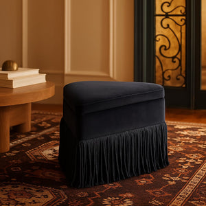 Meridian Furniture Trivoli Velvet Triangular Storage Ottoman with Fringe Skirt Sculptural Accent Stool for Glam Rooms Black 110Black