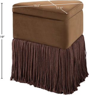 Meridian Furniture Trivoli Velvet Triangular Storage Ottoman with Fringe Skirt Sculptural Accent Stool for Glam Rooms Brown 110Brown