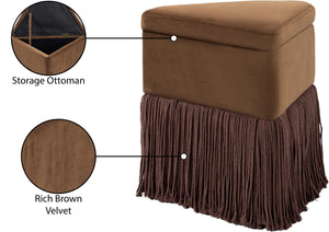 Meridian Furniture Trivoli Velvet Triangular Storage Ottoman with Fringe Skirt Sculptural Accent Stool for Glam Rooms Brown 110Brown