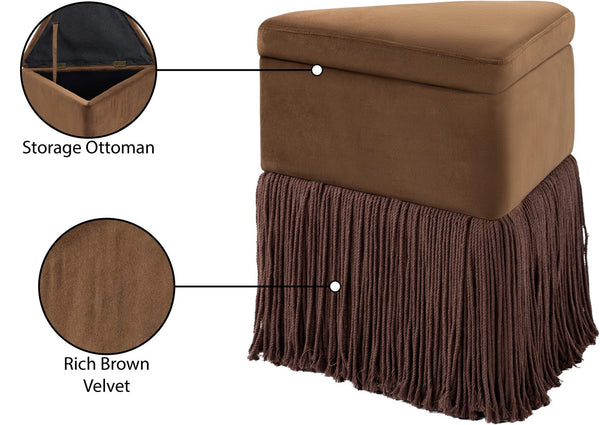 Meridian Furniture Trivoli Velvet Triangular Storage Ottoman with Fringe Skirt Sculptural Accent Stool for Glam Rooms Brown 110Brown