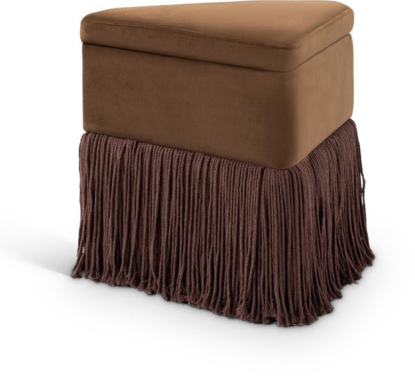 Meridian Furniture Trivoli Velvet Triangular Storage Ottoman with Fringe Skirt Sculptural Accent Stool for Glam Rooms Brown 110Brown