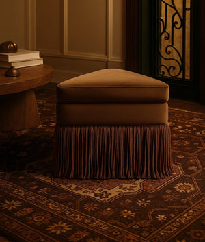 Meridian Furniture Trivoli Velvet Triangular Storage Ottoman with Fringe Skirt Sculptural Accent Stool for Glam Rooms Brown 110Brown