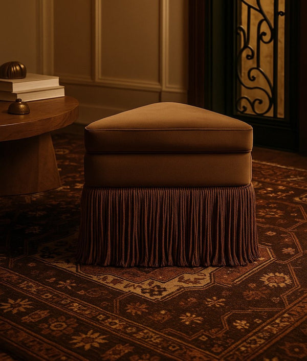Meridian Furniture Trivoli Velvet Triangular Storage Ottoman with Fringe Skirt Sculptural Accent Stool for Glam Rooms Brown 110Brown