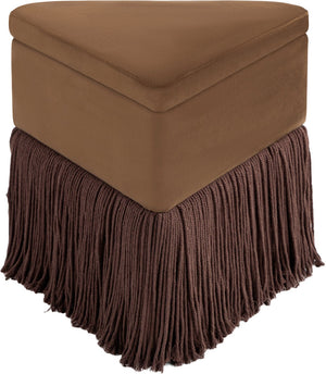 Meridian Furniture Trivoli Velvet Triangular Storage Ottoman with Fringe Skirt Sculptural Accent Stool for Glam Rooms Brown 110Brown