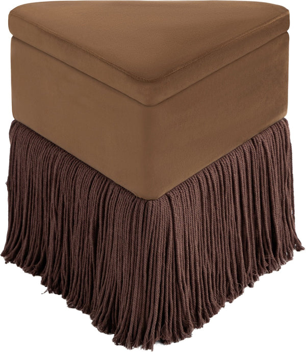 Meridian Furniture Trivoli Velvet Triangular Storage Ottoman with Fringe Skirt Sculptural Accent Stool for Glam Rooms Brown 110Brown