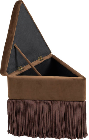 Meridian Furniture Trivoli Velvet Triangular Storage Ottoman with Fringe Skirt Sculptural Accent Stool for Glam Rooms Brown 110Brown