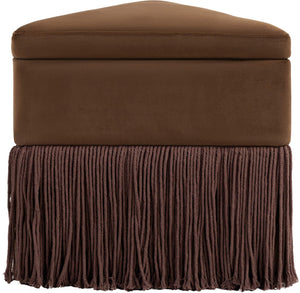 Meridian Furniture Trivoli Velvet Triangular Storage Ottoman with Fringe Skirt Sculptural Accent Stool for Glam Rooms Brown 110Brown