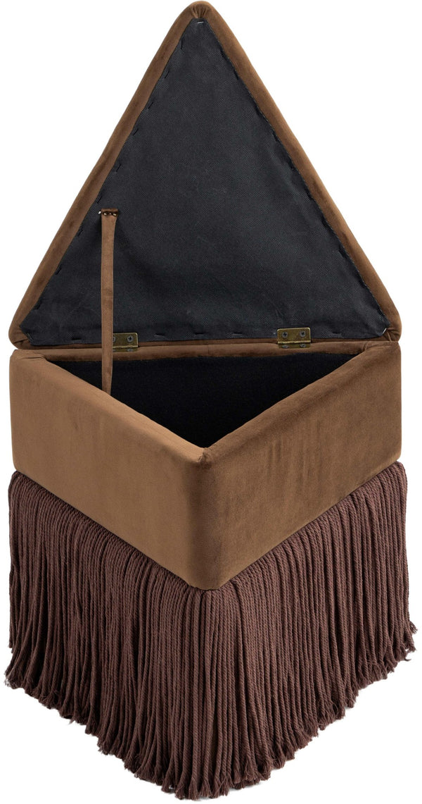 Meridian Furniture Trivoli Velvet Triangular Storage Ottoman with Fringe Skirt Sculptural Accent Stool for Glam Rooms Brown 110Brown