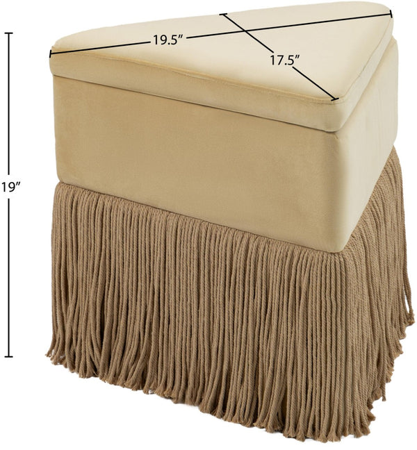 Meridian Furniture Trivoli Velvet Triangular Storage Ottoman with Fringe Skirt Sculptural Accent Stool for Glam Rooms Camel 110Camel