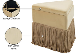 Meridian Furniture Trivoli Velvet Triangular Storage Ottoman with Fringe Skirt Sculptural Accent Stool for Glam Rooms Camel 110Camel