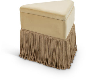 Meridian Furniture Trivoli Velvet Triangular Storage Ottoman with Fringe Skirt Sculptural Accent Stool for Glam Rooms Camel 110Camel