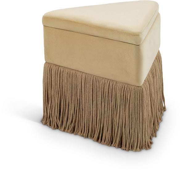 Meridian Furniture Trivoli Velvet Triangular Storage Ottoman with Fringe Skirt Sculptural Accent Stool for Glam Rooms Camel 110Camel