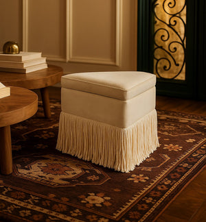 Meridian Furniture Trivoli Velvet Triangular Storage Ottoman with Fringe Skirt Sculptural Accent Stool for Glam Rooms Camel 110Camel