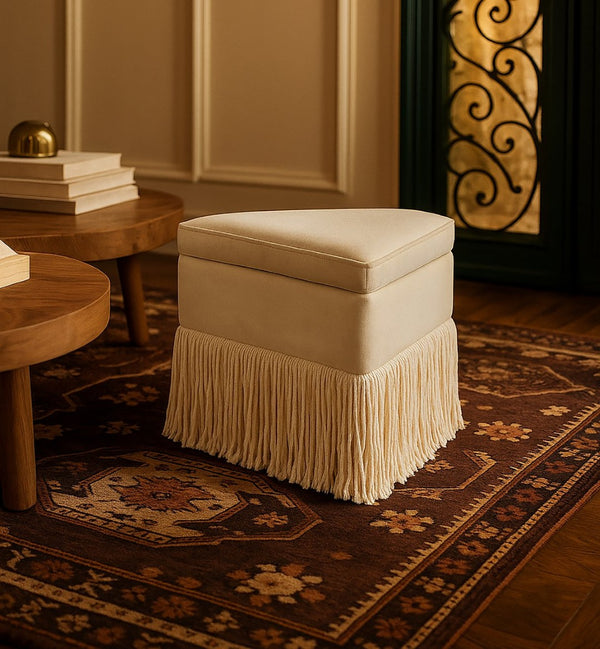 Meridian Furniture Trivoli Velvet Triangular Storage Ottoman with Fringe Skirt Sculptural Accent Stool for Glam Rooms Camel 110Camel