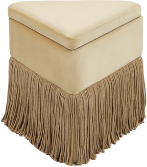 Meridian Furniture Trivoli Velvet Triangular Storage Ottoman with Fringe Skirt Sculptural Accent Stool for Glam Rooms Camel 110Camel