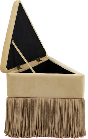 Meridian Furniture Trivoli Velvet Triangular Storage Ottoman with Fringe Skirt Sculptural Accent Stool for Glam Rooms Camel 110Camel