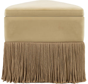 Meridian Furniture Trivoli Velvet Triangular Storage Ottoman with Fringe Skirt Sculptural Accent Stool for Glam Rooms Camel 110Camel