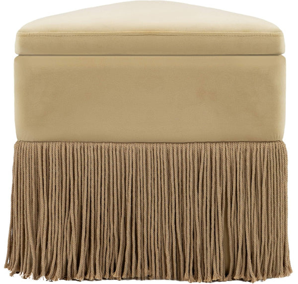 Meridian Furniture Trivoli Velvet Triangular Storage Ottoman with Fringe Skirt Sculptural Accent Stool for Glam Rooms Camel 110Camel